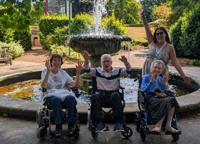 Meadows Park Care Home residents enjoying a sunny day out by the fountain in Louth, Lincolnshire.